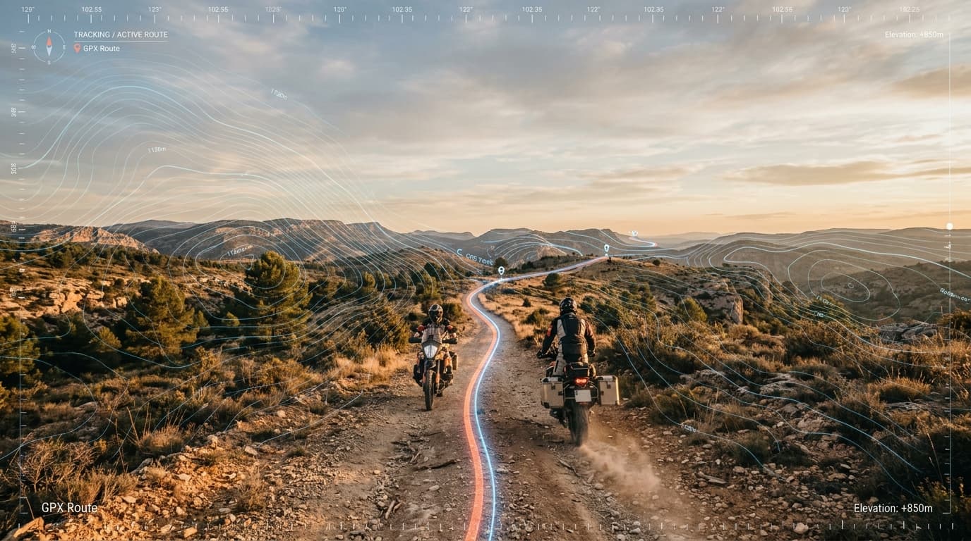 Dos moteros circulando por una pista de tierra al atardecer, con la ruta calculada trazada sobre el terreno.